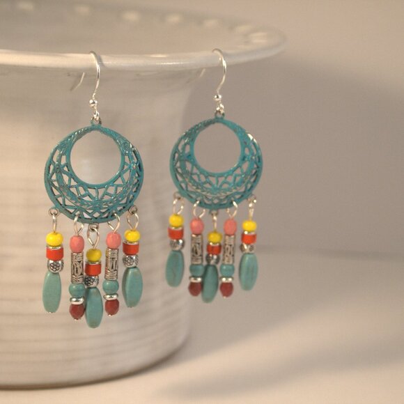 Handmade Southwestern Turquoise Chandelier Earrings Pierced or Clip-on Earrings - Picture 7 of 9